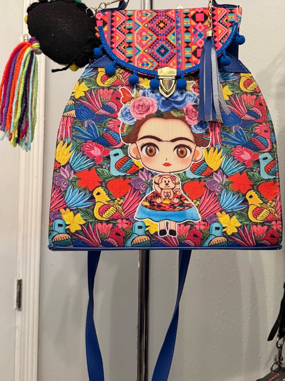 Frida-Inspired Colorful Floral Mini Backpack - Blue